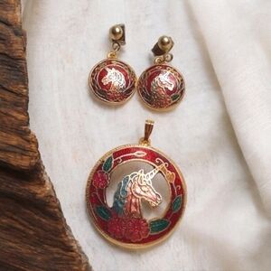🦄Vintage Stephano Cloisonne Unicorn Pendant & Earrings